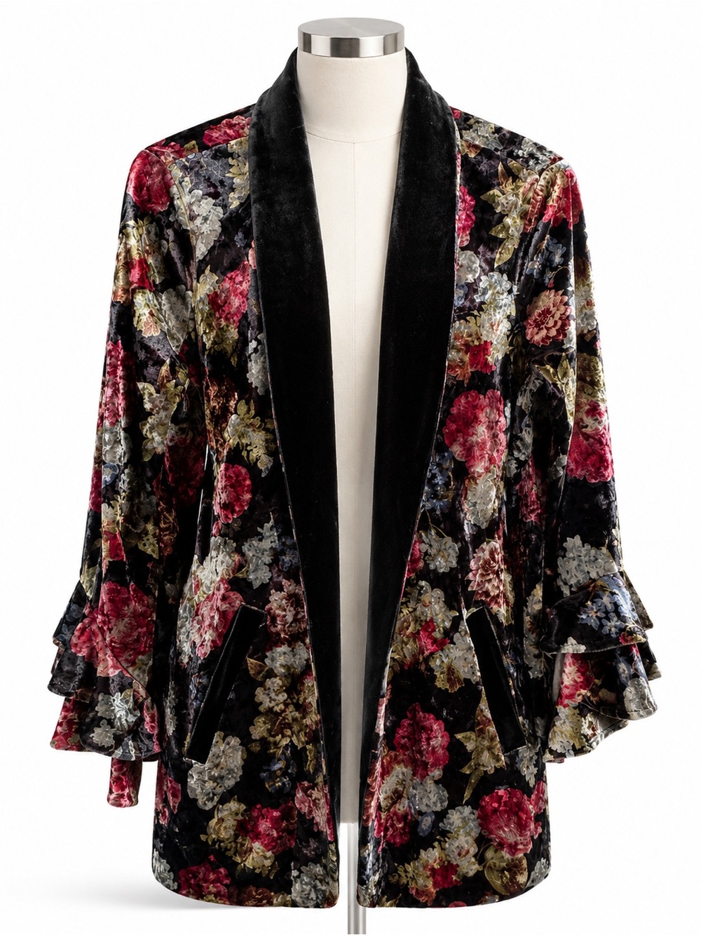 BCBG Generation Floral Velvet‎ Open Front Blazer Jacket M Ruffle Sleeve